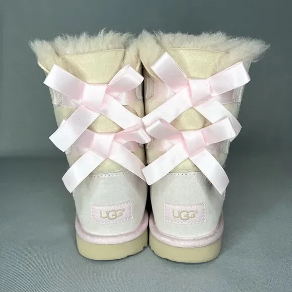 Girls UGG Boots Bailey Bow Baby Pink Suede Wool Coquette Rare Collectors Sz 3 - Picture 6 of 16